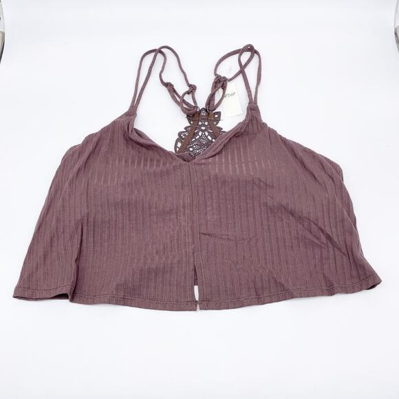 Aerie Women's Ribbed Applique Lace Longline Bralette Brown Size Large - Picture 1 of 5